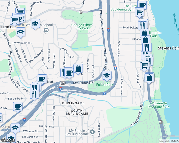 map of restaurants, bars, coffee shops, grocery stores, and more near 7158 Southwest 4th Avenue in Portland