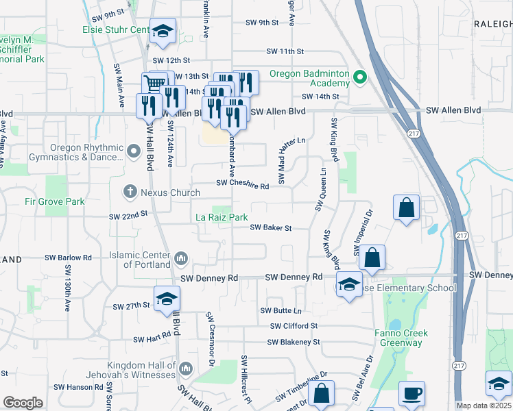 map of restaurants, bars, coffee shops, grocery stores, and more near 11820 Southwest Bruce Drive in Beaverton