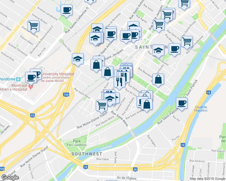 map of restaurants, bars, coffee shops, grocery stores, and more near 4720 Rue Dagenais in Montréal