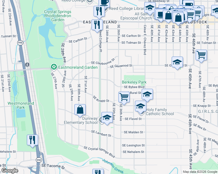 map of restaurants, bars, coffee shops, grocery stores, and more near 7104 Southeast 34th Avenue in Portland