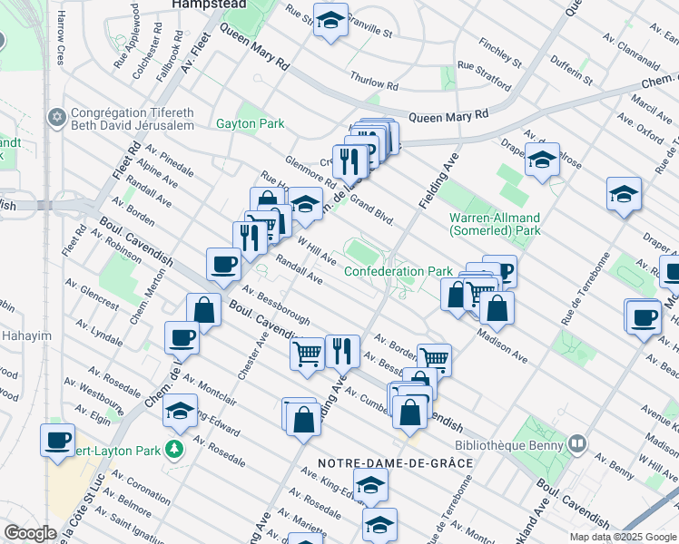 map of restaurants, bars, coffee shops, grocery stores, and more near 5230 West Hill Avenue in Montreal