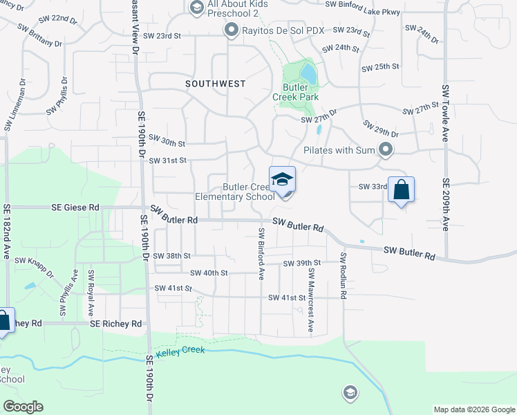 map of restaurants, bars, coffee shops, grocery stores, and more near 3450 Southwest Binford Way in Gresham