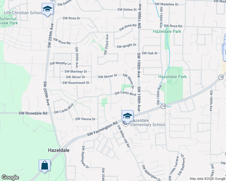 map of restaurants, bars, coffee shops, grocery stores, and more near 6550 Southwest 203rd Avenue in Beaverton