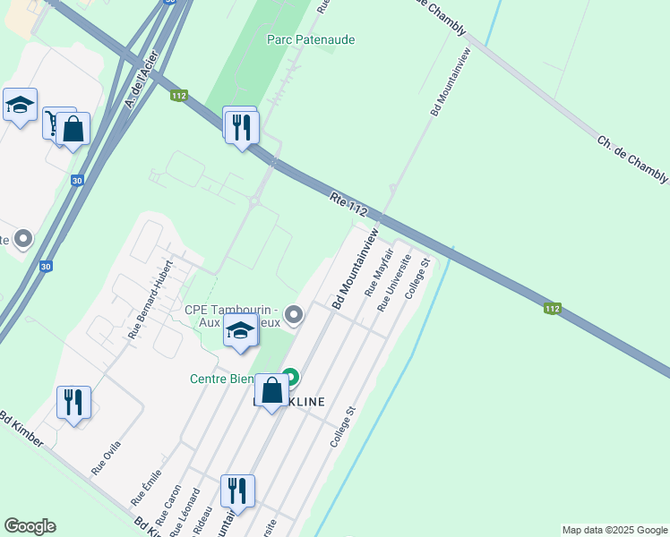 map of restaurants, bars, coffee shops, grocery stores, and more near 3201 Rue Rideau in Longueuil