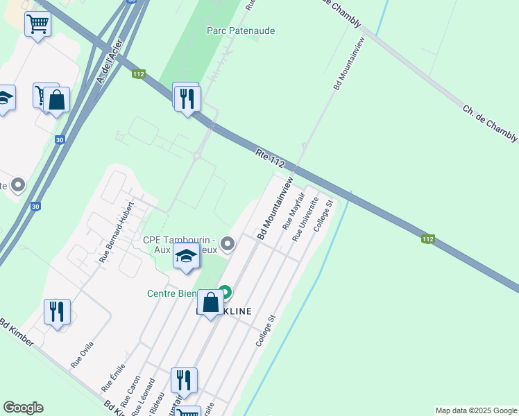 map of restaurants, bars, coffee shops, grocery stores, and more near 3201 Rue Rideau in Longueuil