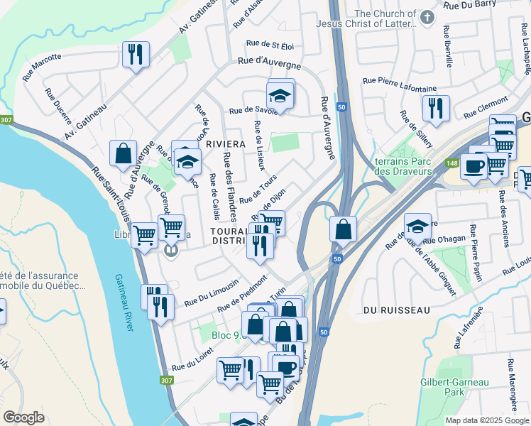 map of restaurants, bars, coffee shops, grocery stores, and more near 19 Rue de Dijon in Gatineau