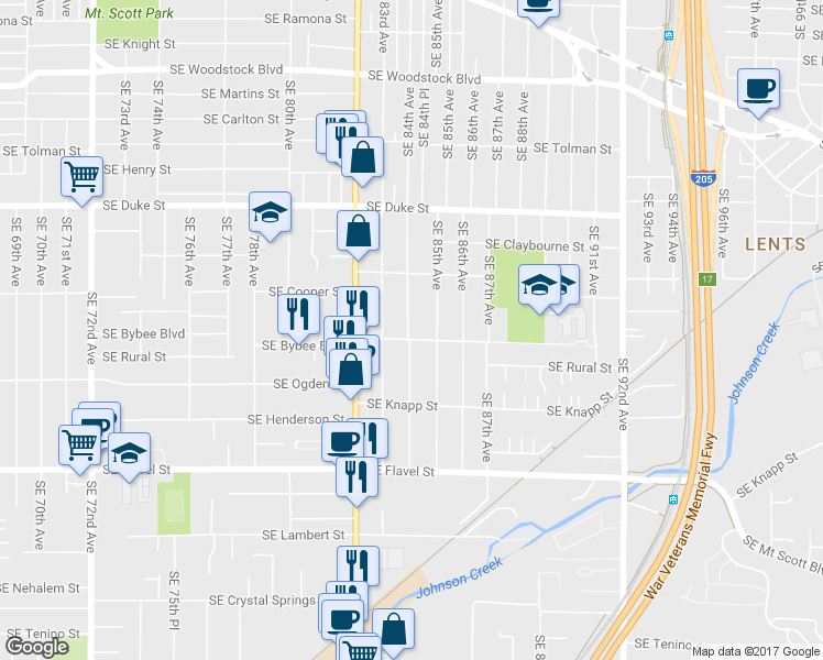 map of restaurants, bars, coffee shops, grocery stores, and more near 6918 Southeast 84th Avenue in Portland