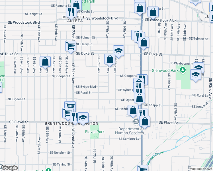 map of restaurants, bars, coffee shops, grocery stores, and more near 7653 Southeast Bybee Boulevard in Portland