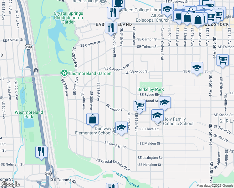 map of restaurants, bars, coffee shops, grocery stores, and more near 7110 Southeast Reed College Place in Portland