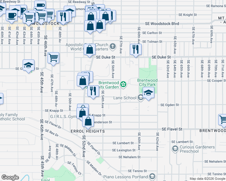 map of restaurants, bars, coffee shops, grocery stores, and more near 5624 Southeast Bybee Boulevard in Portland