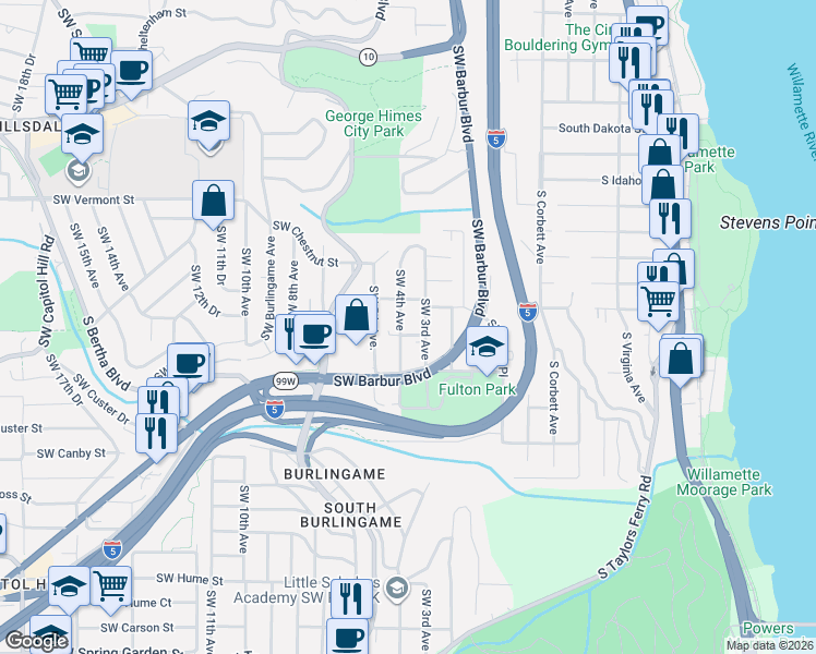 map of restaurants, bars, coffee shops, grocery stores, and more near 315 Southwest Nevada Court in Portland