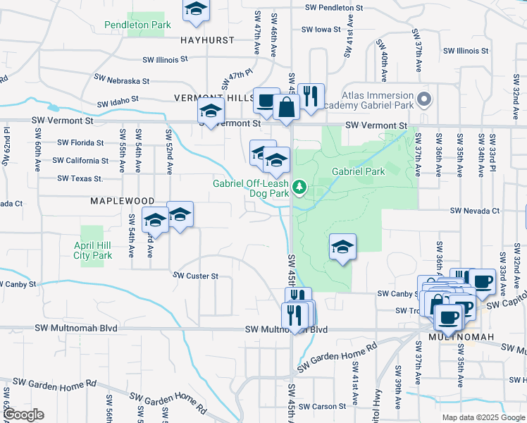 map of restaurants, bars, coffee shops, grocery stores, and more near 4703 Southwest Caldew Street in Portland