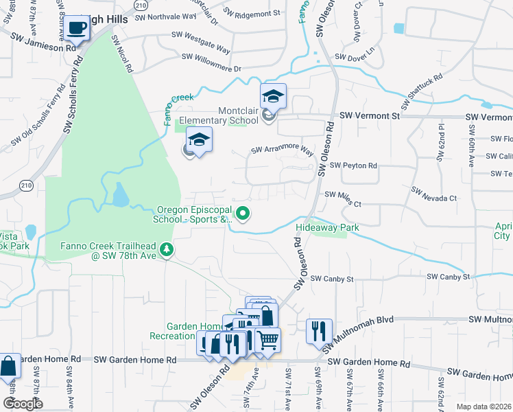 map of restaurants, bars, coffee shops, grocery stores, and more near 6502 Southwest Arranmore Court in Portland
