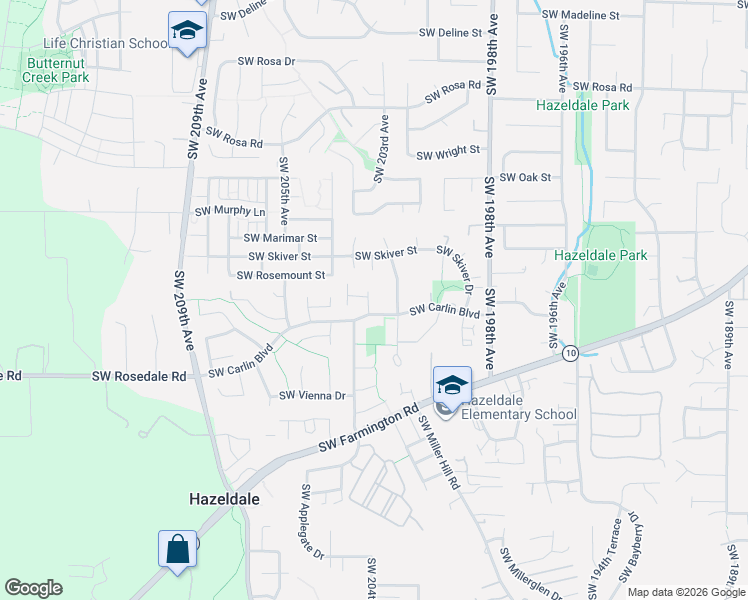 map of restaurants, bars, coffee shops, grocery stores, and more near 6565 Southwest 203rd Avenue in Beaverton