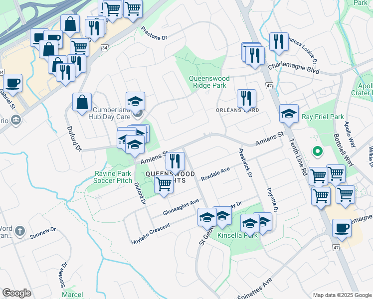map of restaurants, bars, coffee shops, grocery stores, and more near 1493 Saint Georges Street in Ottawa