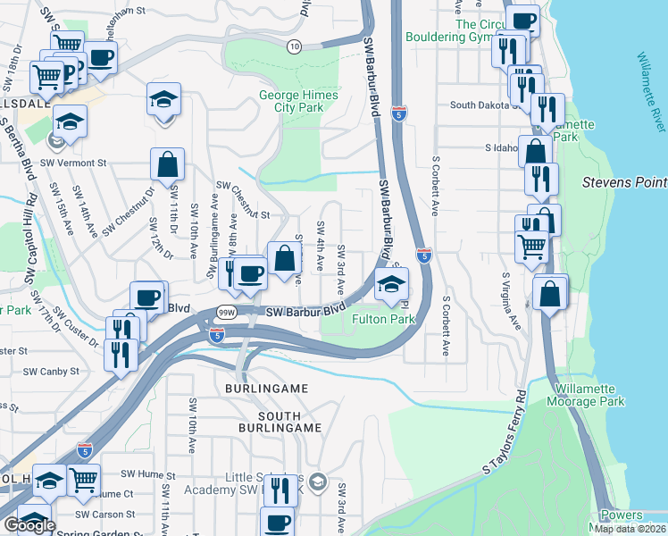 map of restaurants, bars, coffee shops, grocery stores, and more near 315 Southwest Nevada Court in Portland