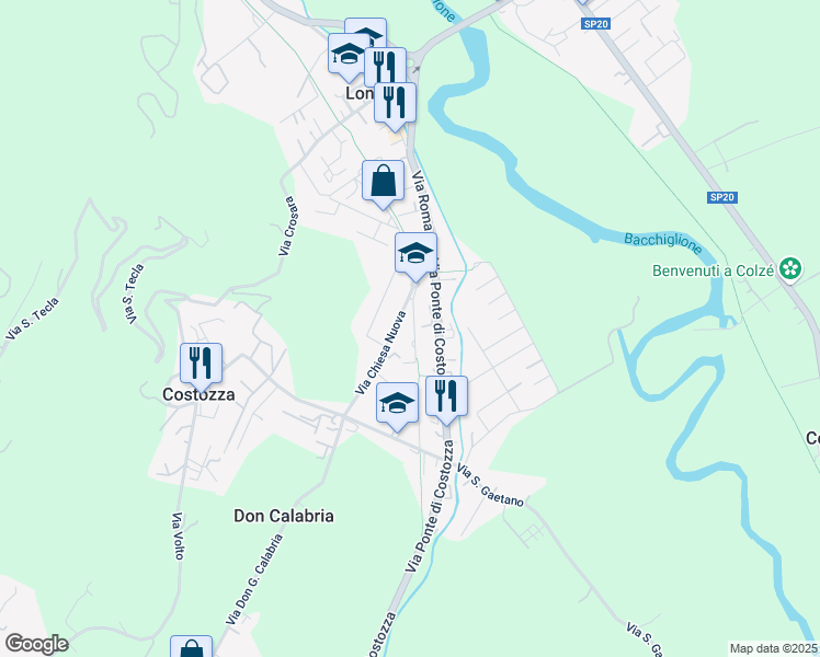 map of restaurants, bars, coffee shops, grocery stores, and more near 12 Via Don Calvi in Longare