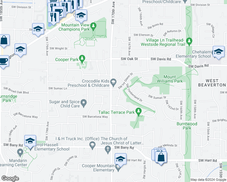 map of restaurants, bars, coffee shops, grocery stores, and more near 16990 Southwest Ivy Glenn Street in Beaverton