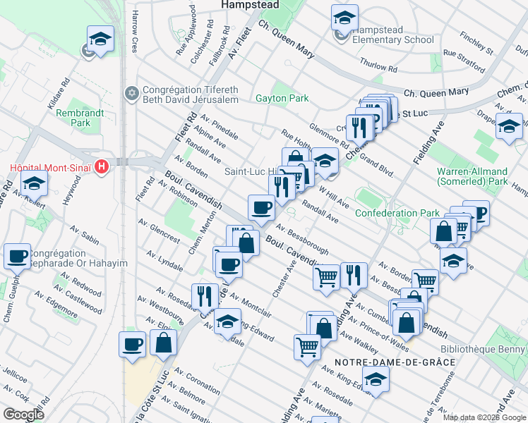 map of restaurants, bars, coffee shops, grocery stores, and more near 5500 Borden Avenue in Côte Saint-Luc