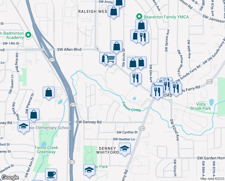 map of restaurants, bars, coffee shops, grocery stores, and more near Fanno Creek Greenway in Beaverton