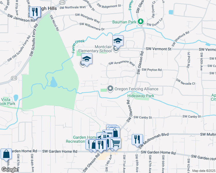 map of restaurants, bars, coffee shops, grocery stores, and more near 6502 Southwest Arranmore Court in Portland