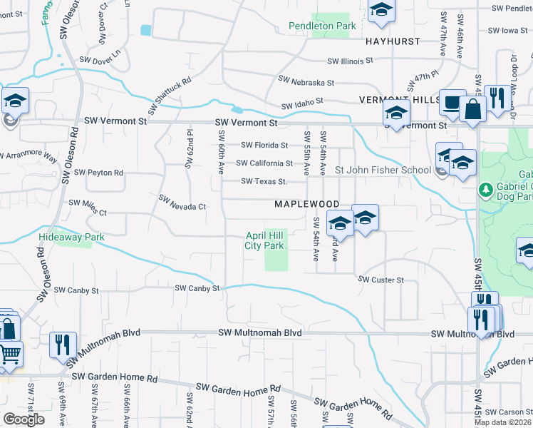 map of restaurants, bars, coffee shops, grocery stores, and more near 5727 Southwest Miles Court in Portland