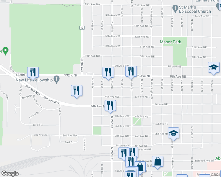 map of restaurants, bars, coffee shops, grocery stores, and more near 619 North 2nd Street in Aberdeen