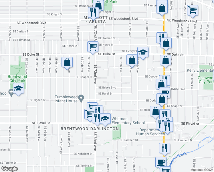 map of restaurants, bars, coffee shops, grocery stores, and more near 7337 Southeast Bybee Boulevard in Portland