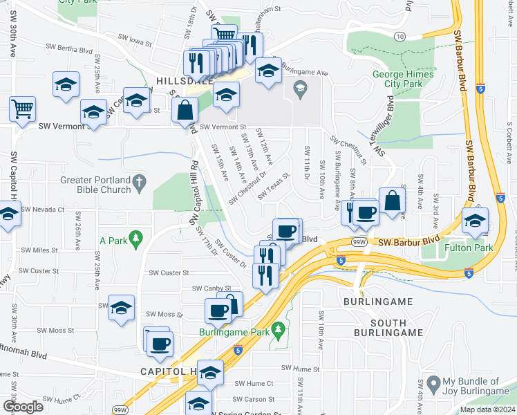 map of restaurants, bars, coffee shops, grocery stores, and more near 7207 Southwest 13th Avenue in Portland