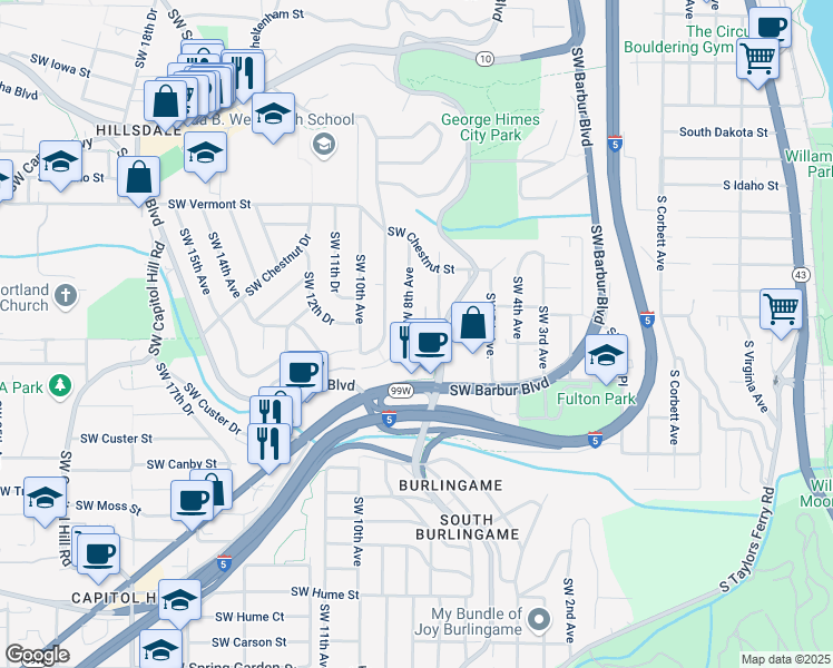 map of restaurants, bars, coffee shops, grocery stores, and more near 7150 Southwest 8th Avenue in Portland