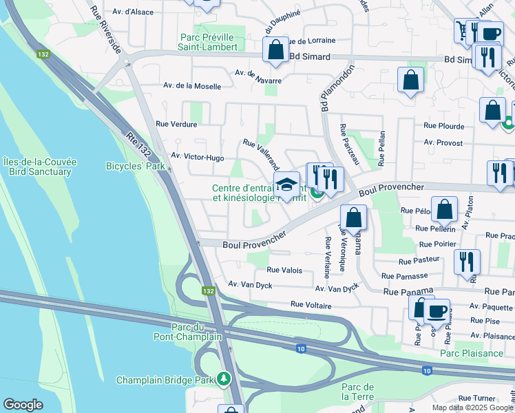 map of restaurants, bars, coffee shops, grocery stores, and more near 665 Rue Venise in Brossard