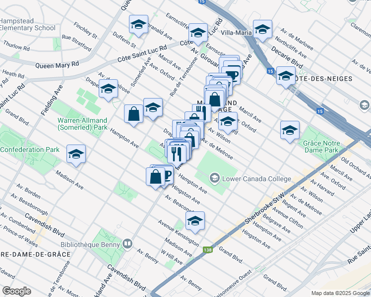 map of restaurants, bars, coffee shops, grocery stores, and more near 5865 Monkland Avenue in Montrã©Al