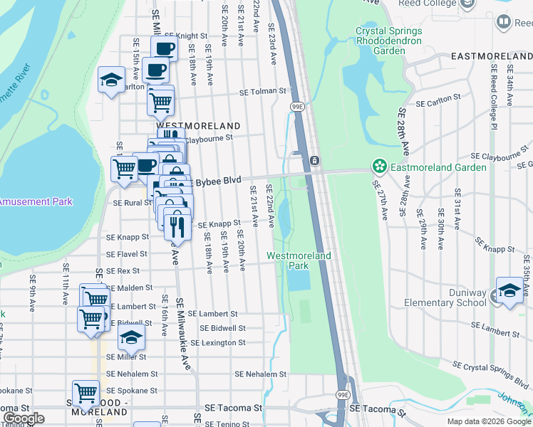 map of restaurants, bars, coffee shops, grocery stores, and more near 7225 Southeast 22nd Avenue in Portland