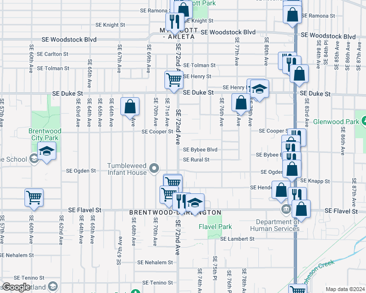 map of restaurants, bars, coffee shops, grocery stores, and more near 6916 Southeast 72nd Avenue in Portland