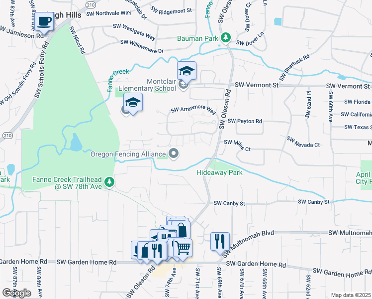 map of restaurants, bars, coffee shops, grocery stores, and more near 6532 Southwest Wexford Place in Portland
