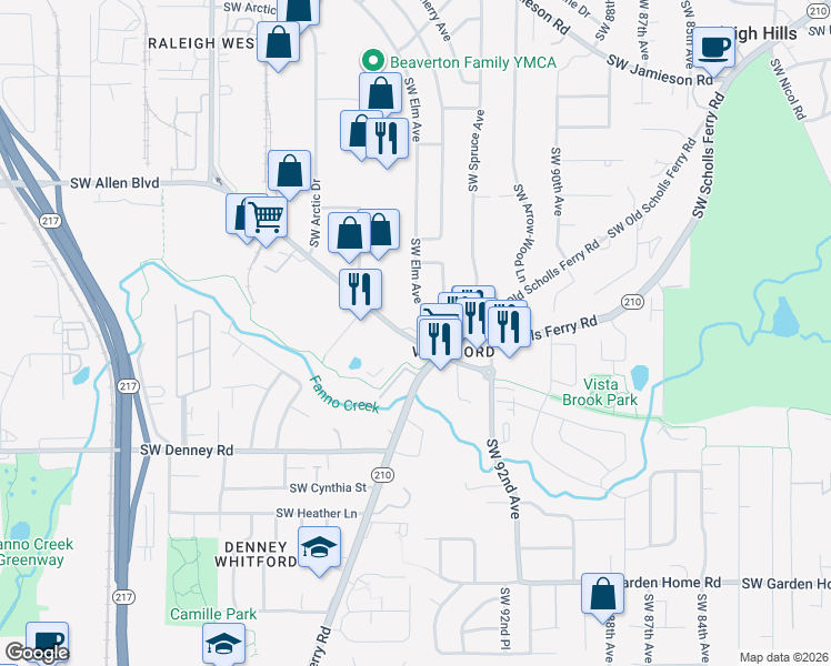 map of restaurants, bars, coffee shops, grocery stores, and more near 9555 Southwest Allen Boulevard in Beaverton