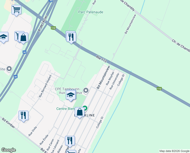 map of restaurants, bars, coffee shops, grocery stores, and more near 3176 Rue Rideau in Longueuil