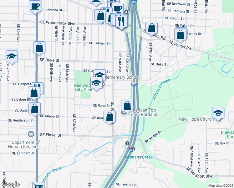 map of restaurants, bars, coffee shops, grocery stores, and more near 6844 SE 92nd Ave in Portland
