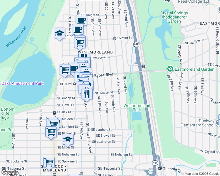 map of restaurants, bars, coffee shops, grocery stores, and more near 7215 Southeast 20th Avenue in Portland