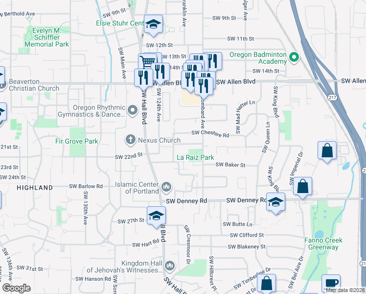 map of restaurants, bars, coffee shops, grocery stores, and more near 12150 Southwest Bruce Lane in Beaverton