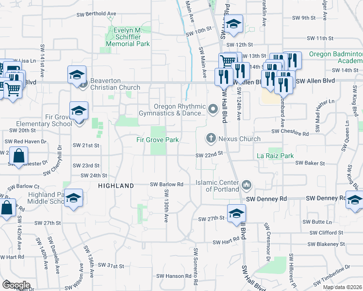 map of restaurants, bars, coffee shops, grocery stores, and more near 12890 Southwest 20th Court in Beaverton