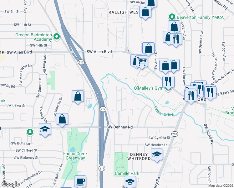 map of restaurants, bars, coffee shops, grocery stores, and more near 10405 Southwest Denney Road in Beaverton
