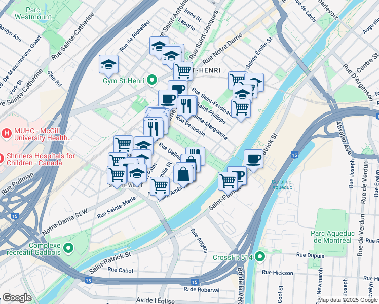 map of restaurants, bars, coffee shops, grocery stores, and more near Rue du Square Sir George Étienne Cartier in Montréal