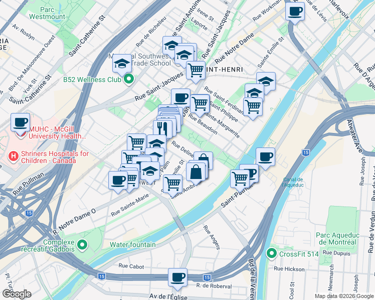 map of restaurants, bars, coffee shops, grocery stores, and more near in Montreal