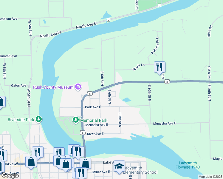 map of restaurants, bars, coffee shops, grocery stores, and more near 815 East 6th Street North in Ladysmith