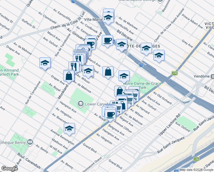 map of restaurants, bars, coffee shops, grocery stores, and more near Avenue Harvard in Montréal