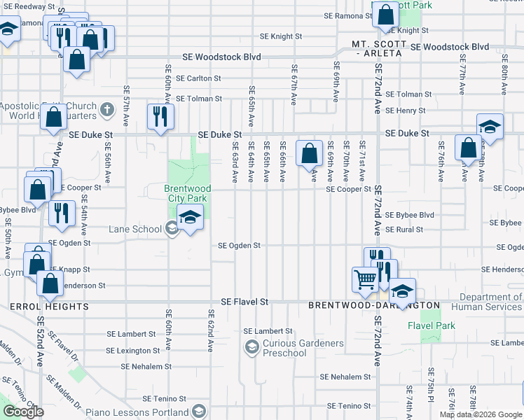 map of restaurants, bars, coffee shops, grocery stores, and more near 6919 Southeast 65th Avenue in Portland