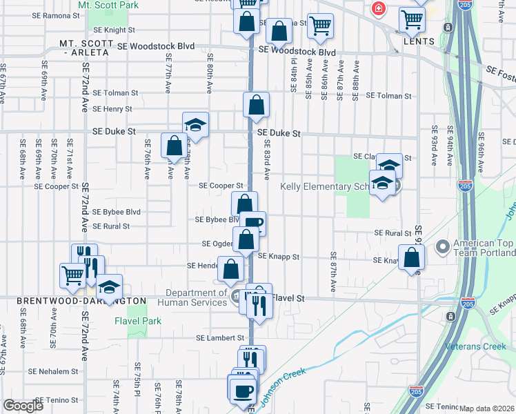 map of restaurants, bars, coffee shops, grocery stores, and more near 6920 Southeast 82nd Avenue in Portland