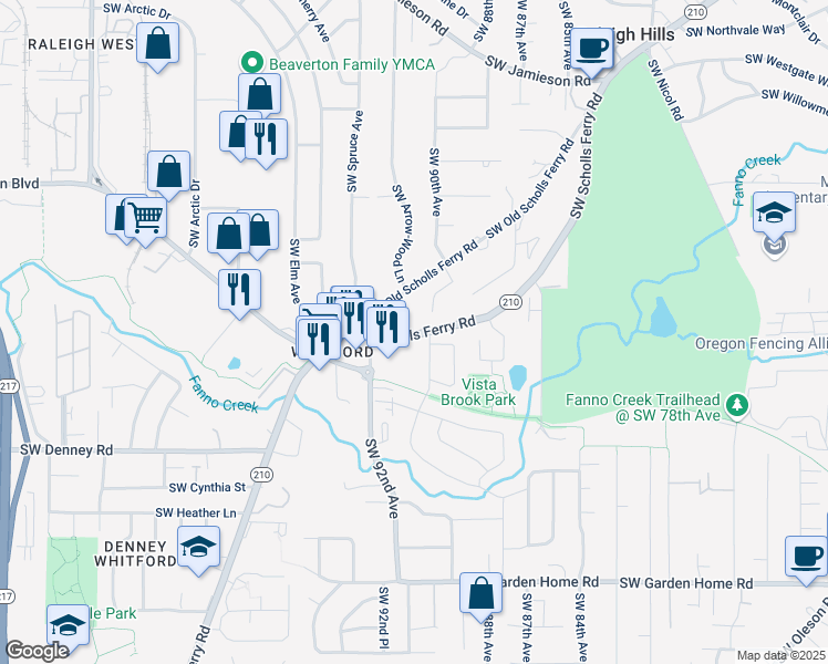 map of restaurants, bars, coffee shops, grocery stores, and more near 6505 Oregon 210 in Portland