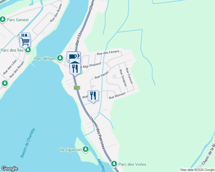 map of restaurants, bars, coffee shops, grocery stores, and more near 15 Rue Besset in Montérégie